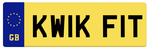 A mock number plate with a GB symbol on the left-hand side. The number plate reads "KWIK FIT".